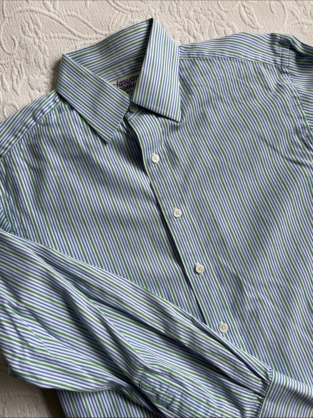 Men's Green & Blue Stripe Dress Shirt - Classic Collared Button-Up